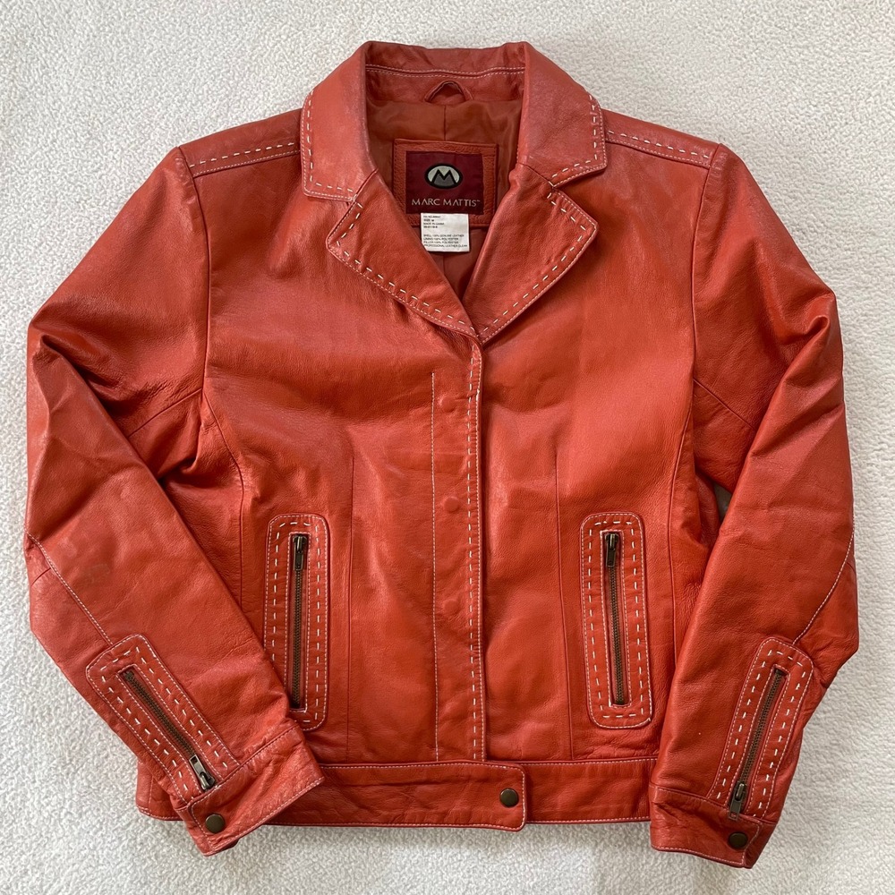 Marc‎ Mattis Womens Medium Jacket Orange Genuine Leather Contrast Stitch Moto